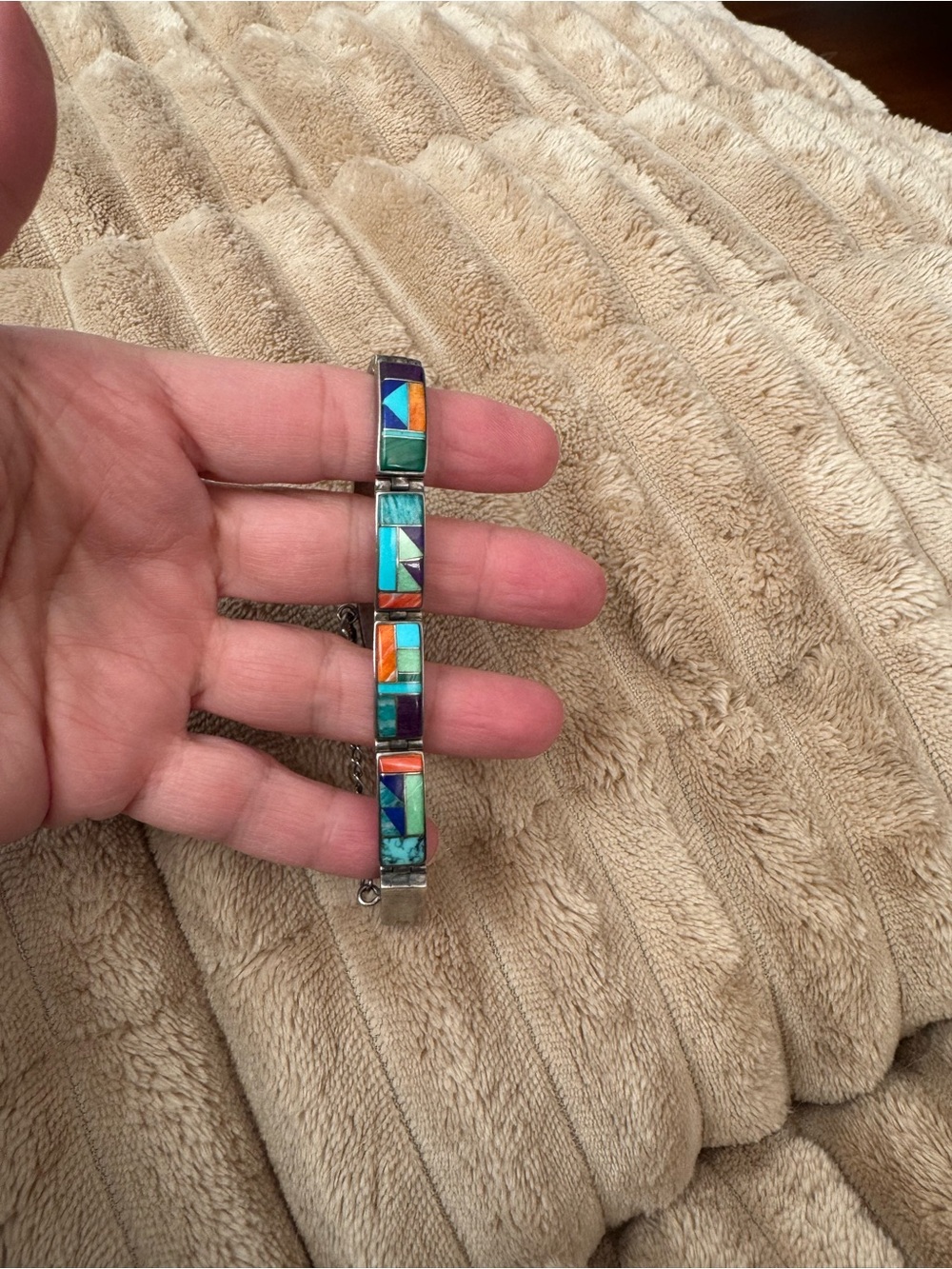 Calvin Begay handmade turquoise coral and other stones Bracelet